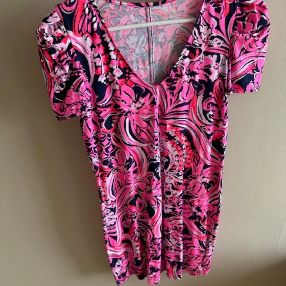 EUC Lilly Pulitzer Navy Pink Fins & Feathers Silvia Short Sleeve Dress